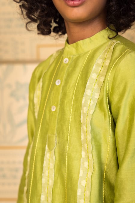 Mini Trails_Green , Satin Embroidery Front Kurta With Pant _Online_at_Aza_Fashions