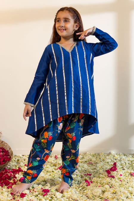 Mini Trails Blue Cotton Printed Gota Detailed Kurta With Salwar 