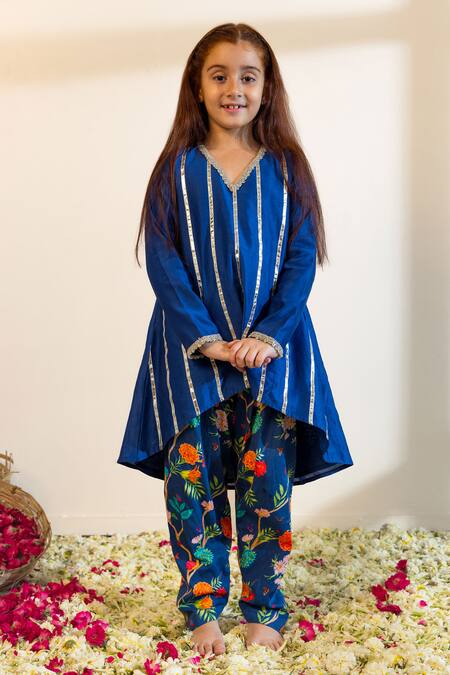 Mini Trails_Blue Cotton Gota Patti, Embroidery Detailed Kurta With Salwar _Online_at_Aza_Fashions