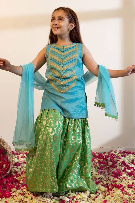 Mini Trails_Blue Cotton Embroidery Lace Detailed Kurta Sharara Set_Online_at_Aza_Fashions
