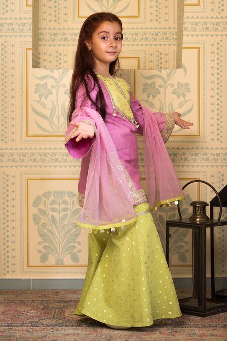 Mini Trails_Purple , Satin Embroidery, Lace, Tassels, Detailed Sharara Set_Online_at_Aza_Fashions