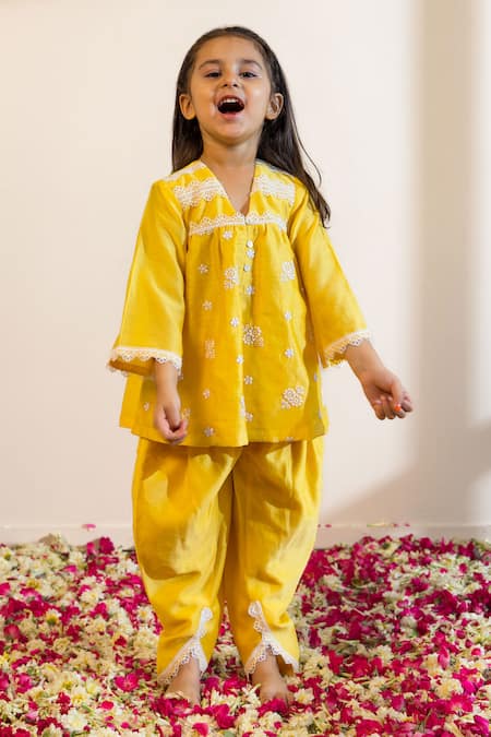 Mini Trails Floral Embroidered Kurta With Dhoti 