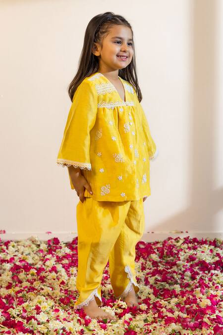 Mini Trails_Yellow , Satin Embroidery Floral Kurta With Dhoti _Online_at_Aza_Fashions