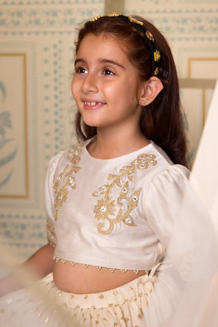 Mini Trails_Beige Cotton, Silk Embroidery, Zari Floral Butta Lehenga Set _Online_at_Aza_Fashions