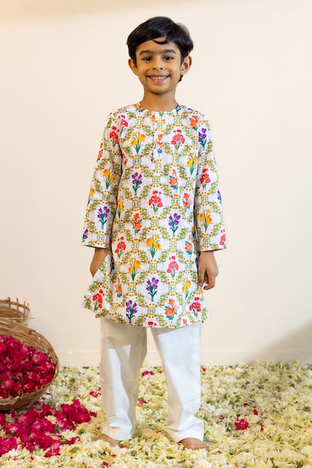 Mini Trails Multi Color Cotton Printed Floral Kurta With Pant 