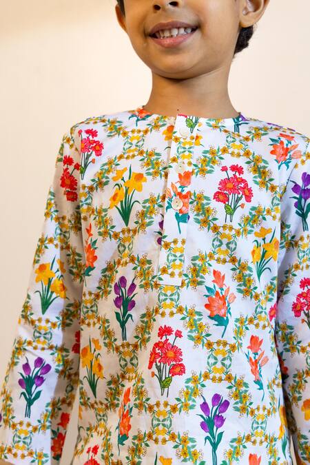 Mini Trails_Multi Color Cotton Floral Print Kurta With Pant _Online_at_Aza_Fashions