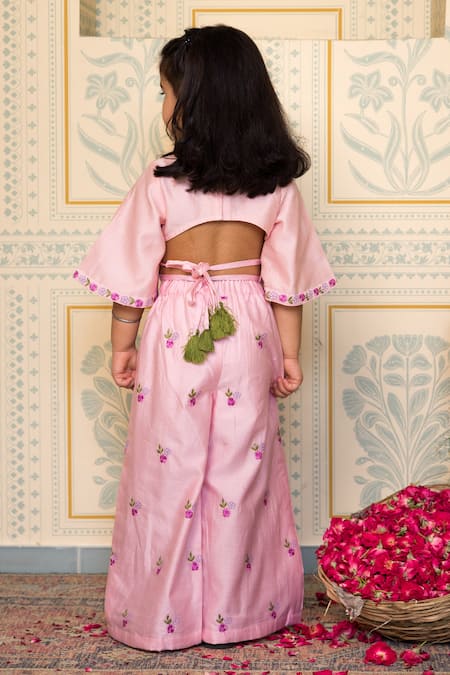 Mini Trails Floral Embroidered Top With Flared Pant 