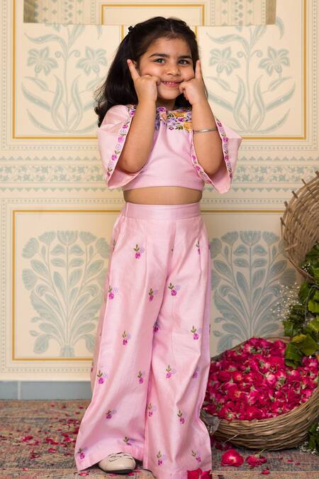 Buy_Mini Trails_Pink Cotton Embroidery Floral Top With Flared Pant _Online_at_Aza_Fashions