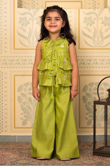 Mini Trails_Green , Satin Embroidery, Sequins Frill Detailed Top With Pant _Online_at_Aza_Fashions