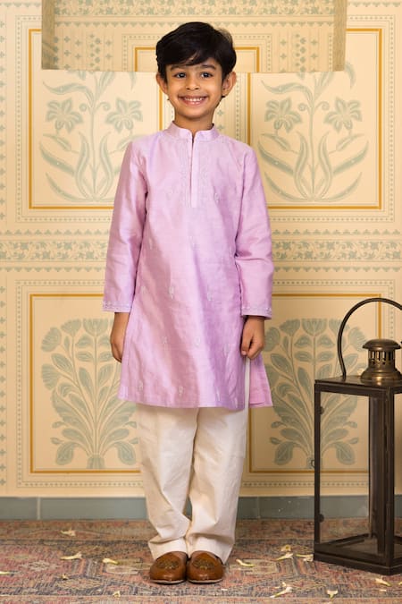 Mini Trails Purple Cotton Embroidered Floral Placket Kurta With Pant 