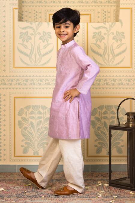 Mini Trails_Purple Cotton Embroidery Floral Placket Kurta With Pant _Online_at_Aza_Fashions