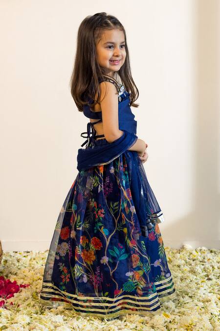 Mini Trails_Blue Cotton Tassels Floral Printed Lehenga Set_Online_at_Aza_Fashions
