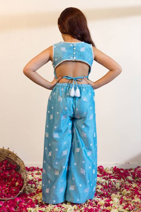 Shop Mini Trails Blue , Satin Embroidery Floral Jumpsuit at Aza Fashions Shop_Mini Trails_Blue , Satin Embroidery Floral Jumpsuit_at_Aza_Fashions