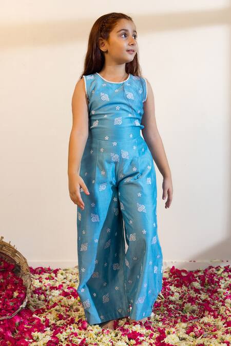 Mini Trails Blue , Satin Embroidery Floral Jumpsuit Online at Aza Fashions Mini Trails_Blue , Satin Embroidery Floral Jumpsuit_Online_at_Aza_Fashions