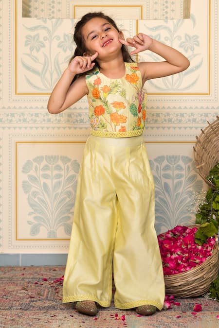 Mini Trails Yellow Cotton Silk Floral Applique Detailed Top With Pant 