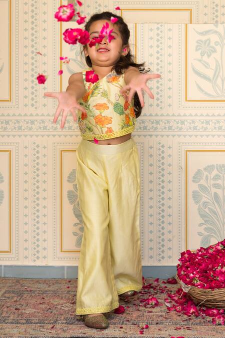 Mini Trails_Yellow , Satin Embroidery Floral Applique Detailed Top With Pant _Online_at_Aza_Fashions