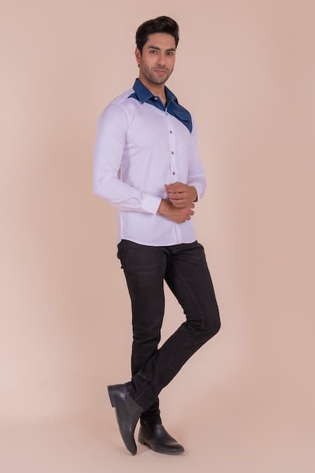 Buy_Design O Stitch_White Cotton, Denim Cross Detailed Shirt For Kids_Online_at_Aza_Fashions