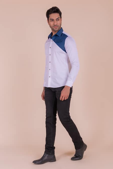 Shop_Design O Stitch_White Cotton, Denim Cross Detailed Shirt For Kids_Online_at_Aza_Fashions