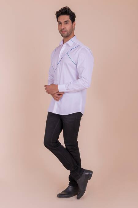 Shop Design O Stitch White Cotton Piping Detailed Shirt For Kids Online at Aza Fashions Shop_Design O Stitch_White Cotton Piping Detailed Shirt For Kids_Online_at_Aza_Fashions