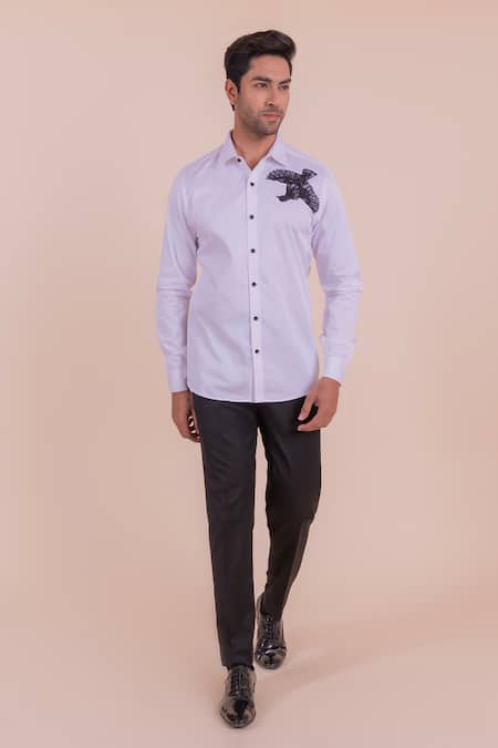 Design O Stitch_White Cotton Embroidery Bird Shirt For Kids_Online_at_Aza_Fashions