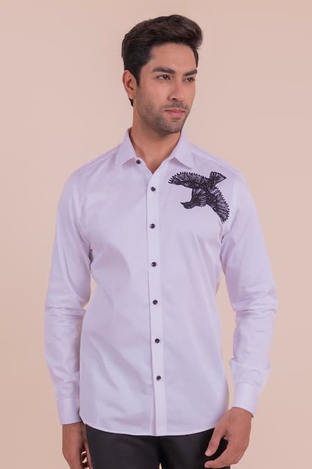 Buy_Design O Stitch_White Cotton Embroidery Bird Shirt For Kids_Online_at_Aza_Fashions