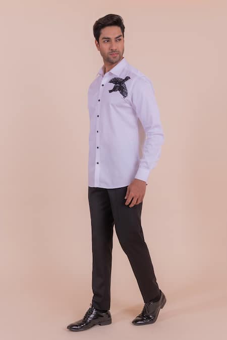 Shop_Design O Stitch_White Cotton Embroidery Bird Shirt For Kids_Online_at_Aza_Fashions