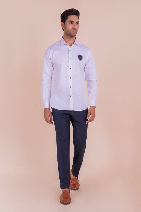 Design O Stitch_White Cotton Embroidery Lion Face Shirt For Kids_Online_at_Aza_Fashions