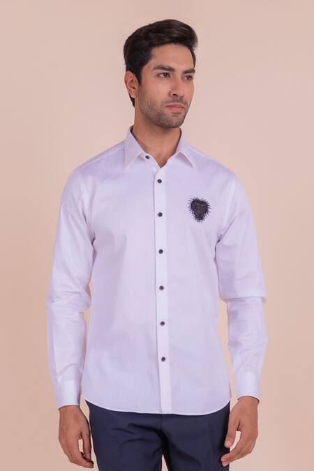 Buy_Design O Stitch_White Cotton Embroidery Lion Face Shirt For Kids_Online_at_Aza_Fashions