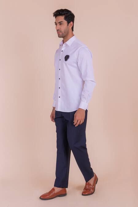 Shop_Design O Stitch_White Cotton Embroidery Lion Face Shirt For Kids_Online_at_Aza_Fashions