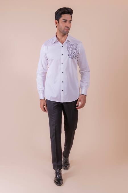 Design O Stitch_White Cotton Embroidery Tiger Face Shirt For Kids_Online_at_Aza_Fashions