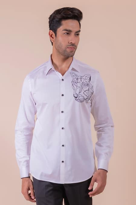 Buy_Design O Stitch_White Cotton Embroidery Tiger Face Shirt For Kids_Online_at_Aza_Fashions