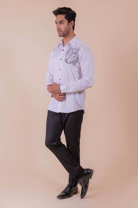Shop_Design O Stitch_White Cotton Embroidery Tiger Face Shirt For Kids_Online_at_Aza_Fashions
