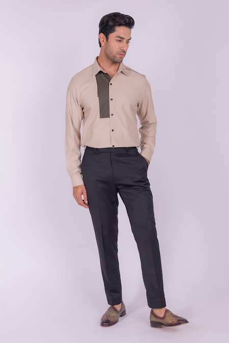 Design O Stitch_Beige Cotton Lace, Patchwork Soft Embroidered Shirt For Kids_at_Aza_Fashions