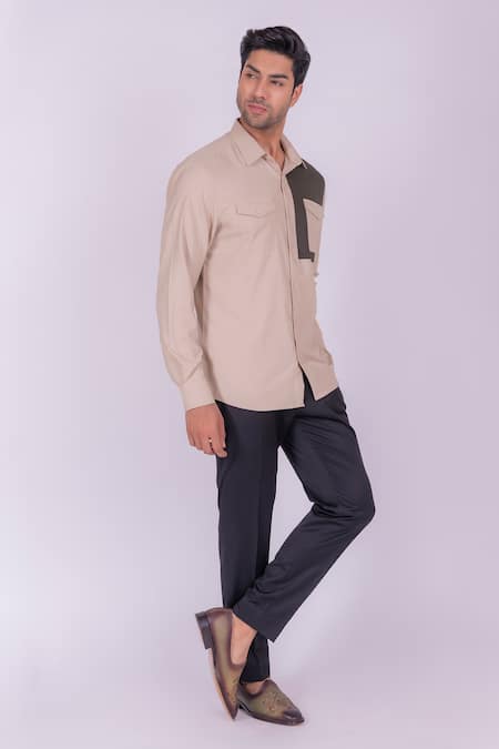 Buy_Design O Stitch_Beige Cotton Piping Soft Flap Pocket Shirt For Kids_Online_at_Aza_Fashions