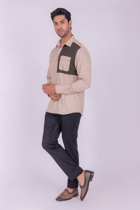 Shop_Design O Stitch_Beige Cotton Piping Soft Flap Pocket Shirt For Kids_Online_at_Aza_Fashions