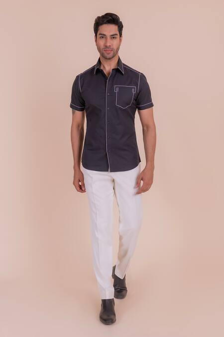 Design O Stitch_Black Cotton Embroidery Anchor Shirt For Kids_Online_at_Aza_Fashions