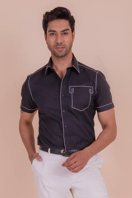 Shop_Design O Stitch_Black Cotton Embroidery Anchor Shirt For Kids_Online_at_Aza_Fashions