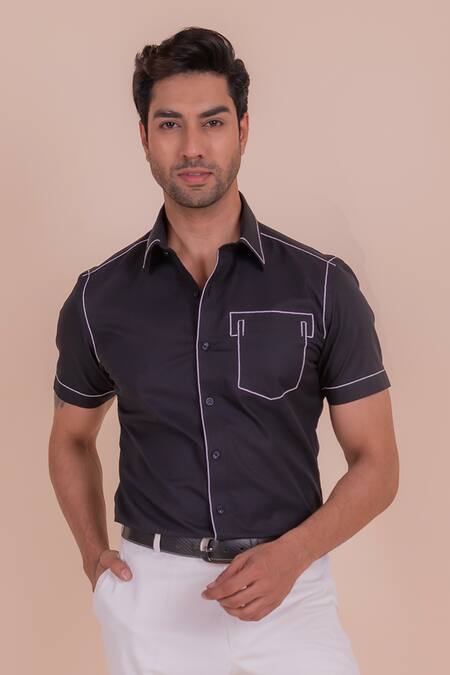 Design O Stitch_Black Cotton Embroidery Anchor Shirt For Kids_at_Aza_Fashions