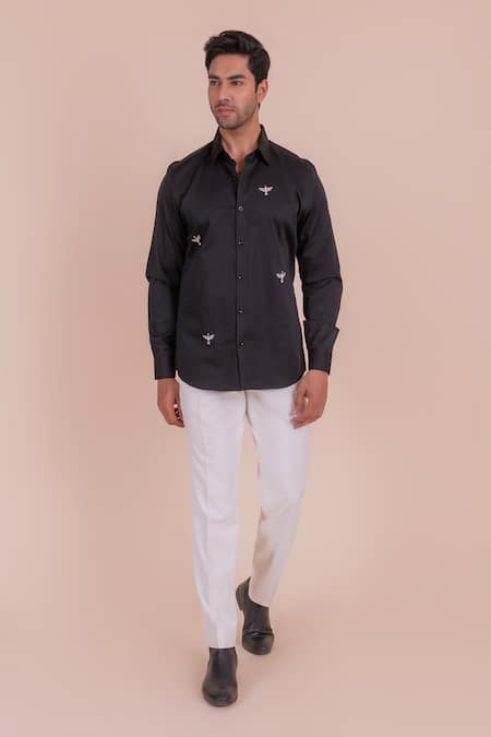 Design O Stitch_Black Cotton Embroidery Bird Shirt For Kids_Online_at_Aza_Fashions