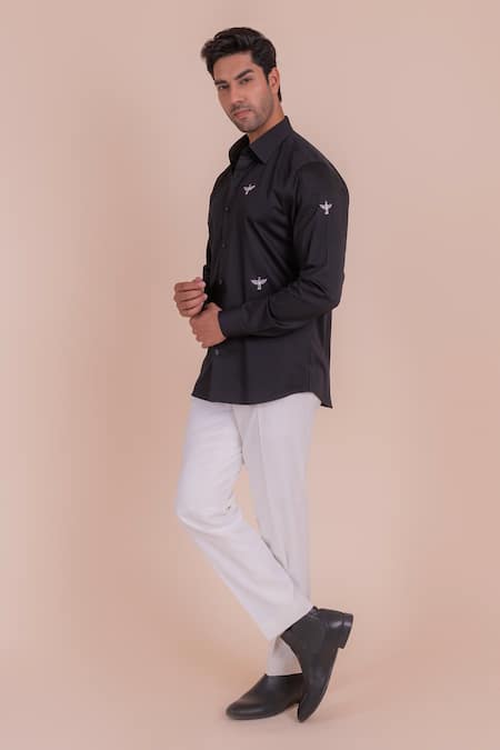 Buy_Design O Stitch_Black Cotton Embroidery Bird Shirt For Kids_Online_at_Aza_Fashions