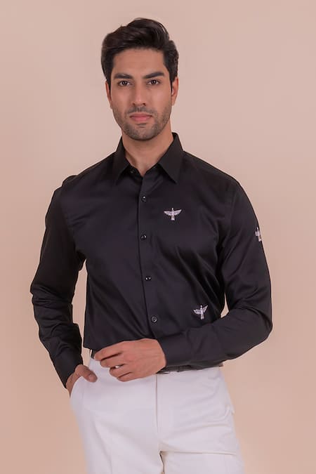 Shop_Design O Stitch_Black Cotton Embroidery Bird Shirt For Kids_Online_at_Aza_Fashions