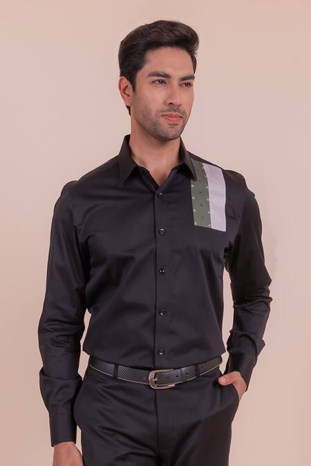 Shop_Design O Stitch_Black Cotton Print Abstract Yoke Shirt _Online_at_Aza_Fashions