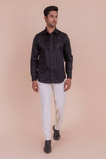 Design O Stitch_Black Cotton Metallic Thread Tape Embroidered Shirt For Kids_Online_at_Aza_Fashions