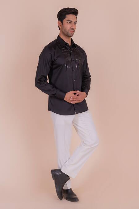 Buy_Design O Stitch_Black Cotton Metallic Thread Tape Embroidered Shirt For Kids_Online_at_Aza_Fashions