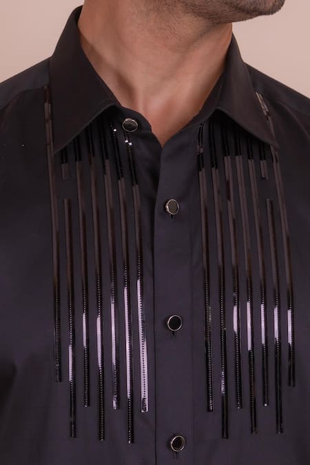 Shop_Design O Stitch_Black Cotton Metallic Thread Tape Embroidered Shirt For Kids_Online_at_Aza_Fashions