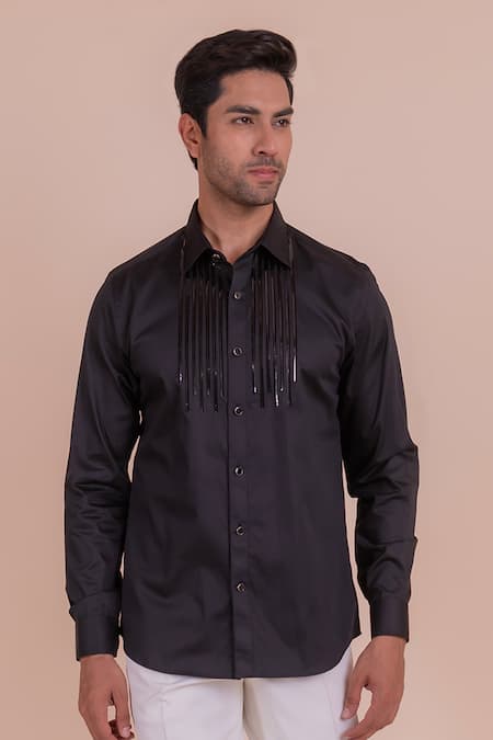 Design O Stitch_Black Cotton Metallic Thread Tape Embroidered Shirt For Kids_at_Aza_Fashions