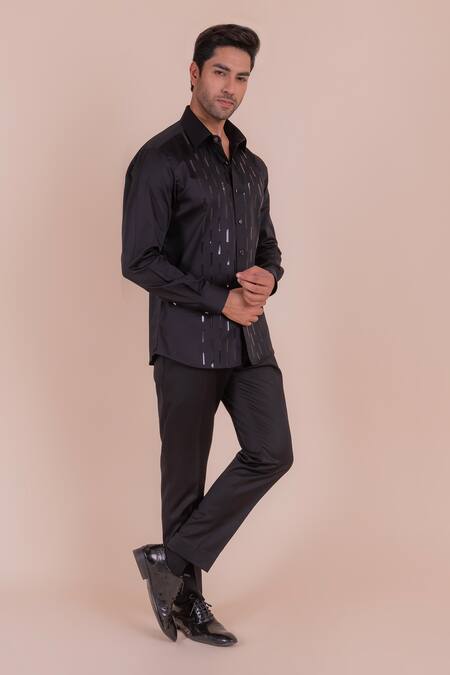 Buy_Design O Stitch_Black Cotton Metallic Thread Lace Embroidered Shirt For Kids_Online_at_Aza_Fashions