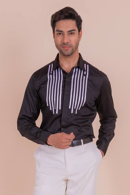 Design O Stitch_Black Cotton Lace Embroidered Shirt For Kids_at_Aza_Fashions