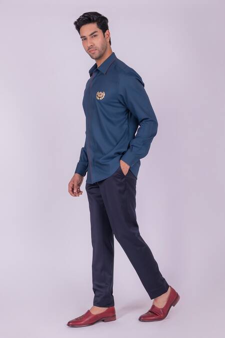 Design O Stitch_Blue Cotton Embroidery Crown Shirt With Contrast Placket For Kids_Online_at_Aza_Fashions