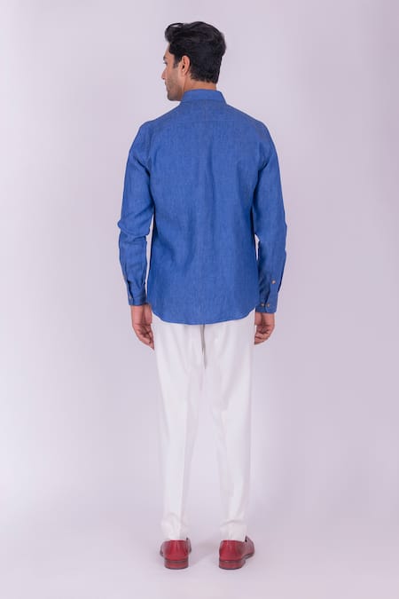 Design O Stitch Bird Embroidered Blue Linen Shirt For Kids